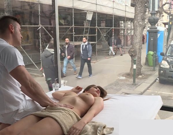Busty Girl Erotic Massage And Fucking In Transparent Box On The Street - Ayda Swinger