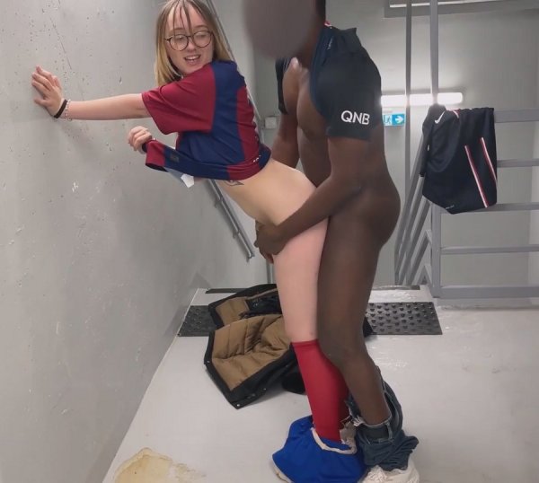 A Barcelona Supporter Fan Girl Fucked By PSG Fans in The Corridors Of The Football Stadium - Emejota